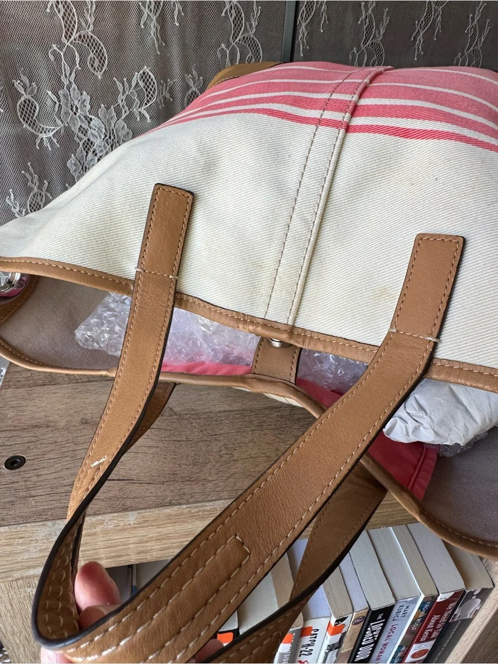 Coach Pink and Cream Canvas Stripe Tote with Tan Leather Trim